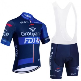 Set Fietsshirt + Korte Koersbroek 2024 Groupama FDJ Zwart Blauw
